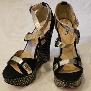 ❤ Luichiny Wedge Platform Heels Black Gold 8M 38M SEXY